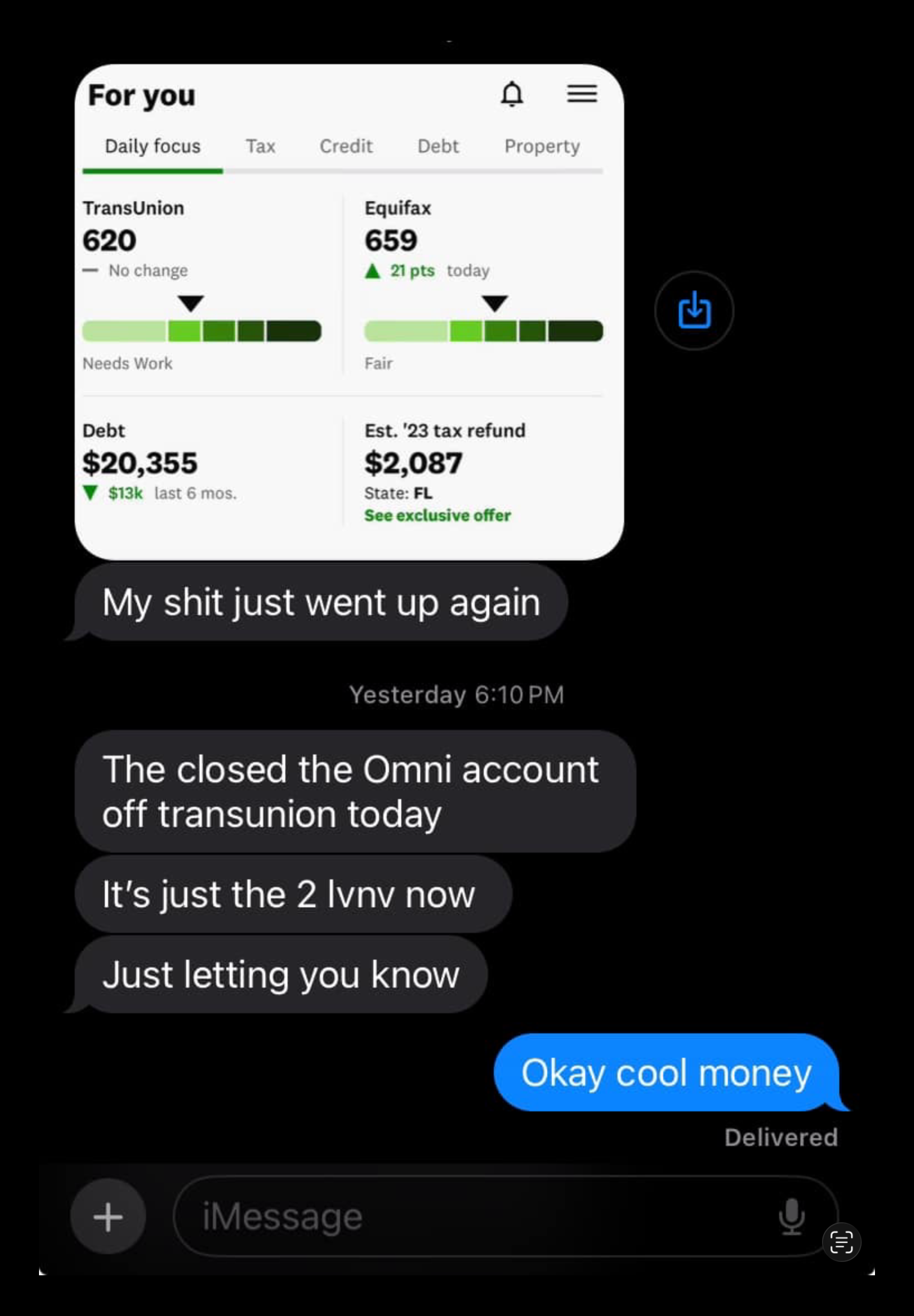Client text showing score increase