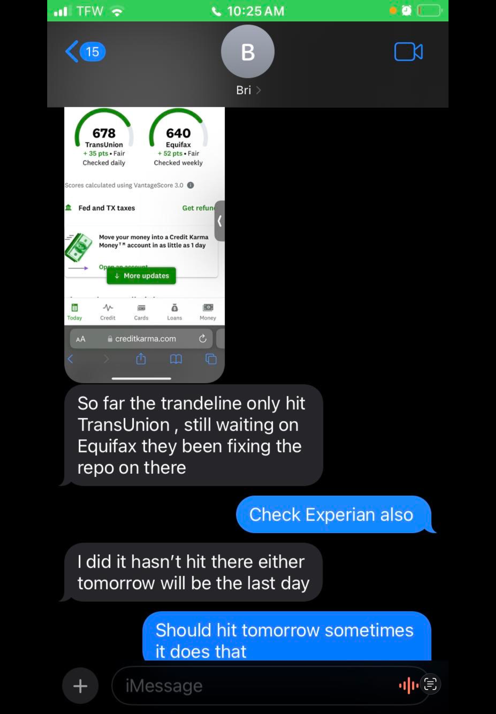 Client text about tradeline hitting