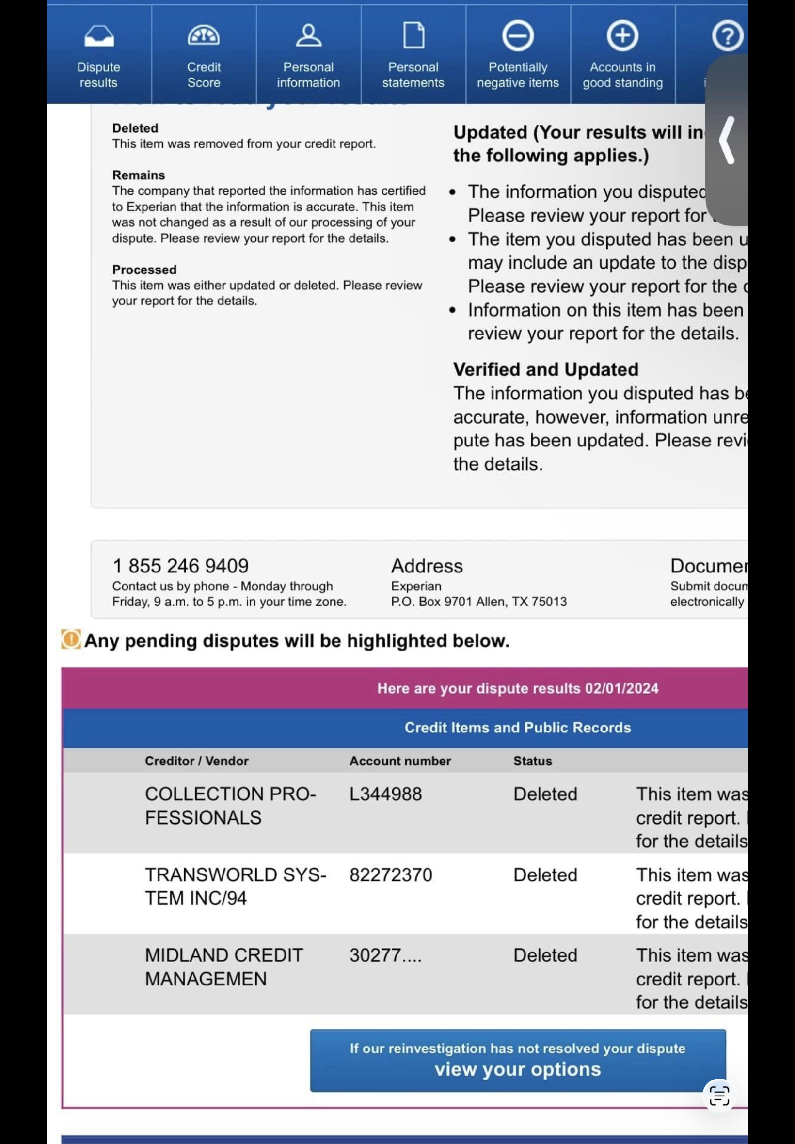 Experian dispute results, 3 items deleted