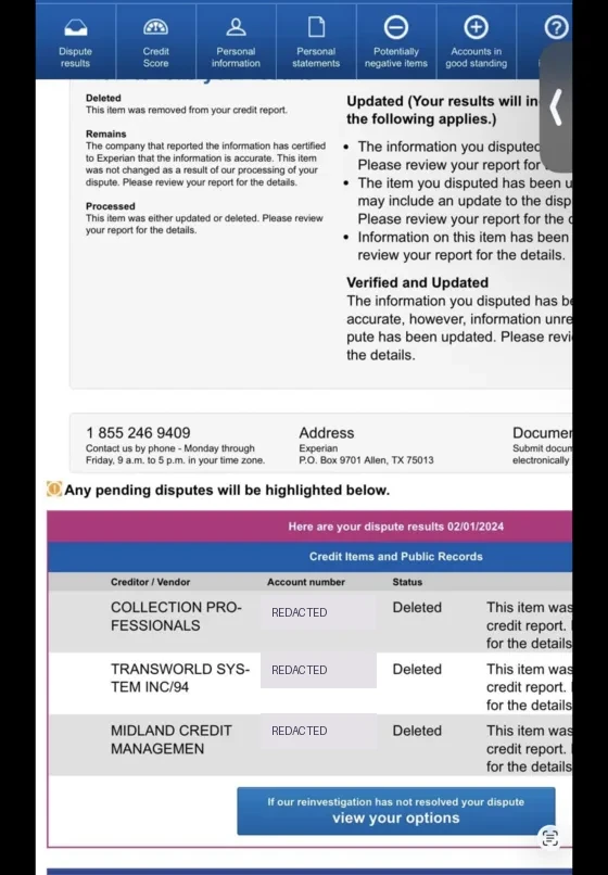 Client-shared Experian dispute results showing Deleted statuses; account identifiers redacted.