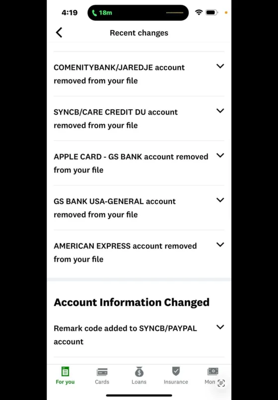 Client-shared recent changes screen listing Comenity, Care Credit, Apple Card, GS Bank and American Express account removals.