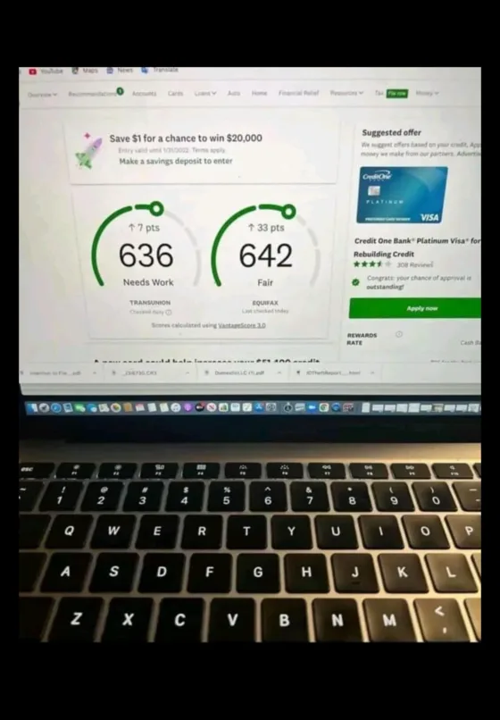 Client-shared photo of TransUnion 636 and Equifax 642 scores on a laptop screen.